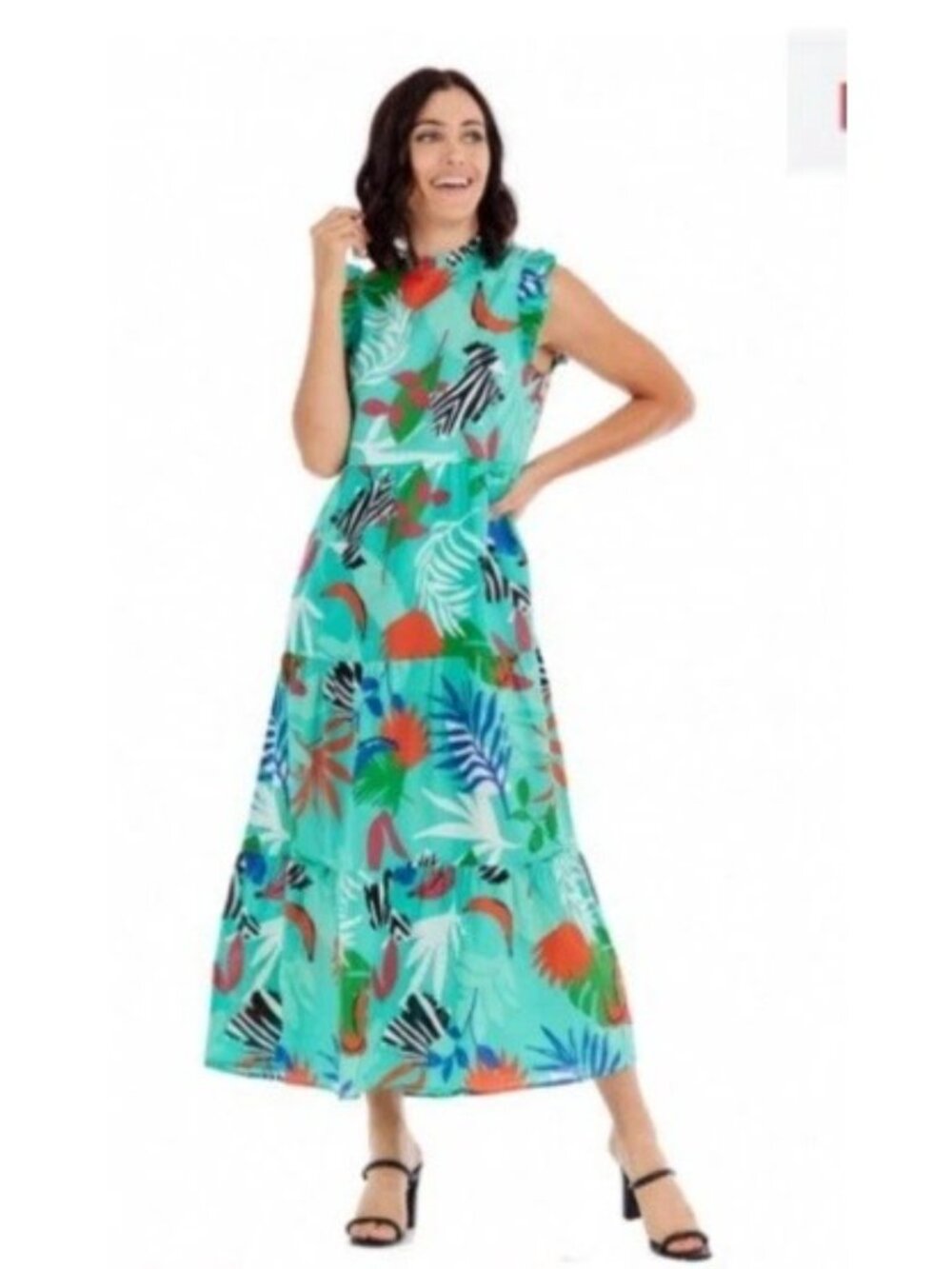 NWOT Mud Pie Tropical 100% Cotton Maxi Dress Tiered Flutter Sleeve Size L Resort
